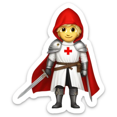 blond haired Masonic knight Templar wearing a white tunic with a Red Cross on the front and a white mantle with a hood with a Red Cross on the left side and a male face with a red cap and holding a sword. sticker
