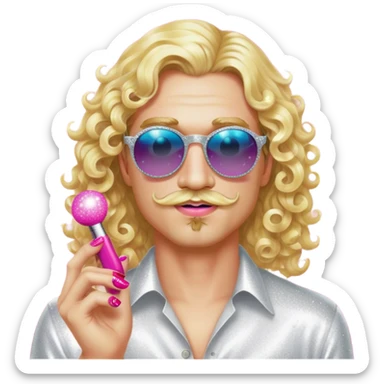 Man with long straight blonde hair, a curly blonde mustache, round sunglasses, add makeup and lipstick, make him look hot add sparkles and nail polish hot sticker
