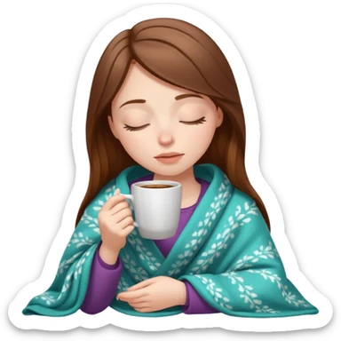 brown-haired white girl inside a blanket sipping coffee eyes closed sticker