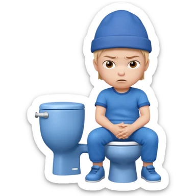 3D cartoon child character in blue outfit and blue hat, sitting on a toilet, looking angry with crossed arms, pastel background, preschool animation style." sticker