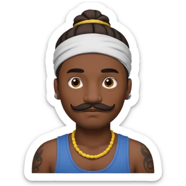 single bun hair man and mustache and face tattoos very heavy and headband sticker