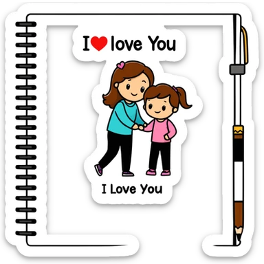 A piece of notebook paper with a drawing of mom and daughter stick figures both with brown hair and with a message that reads I love you Kimberly.  sticker