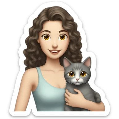 Young brunette pale woman with long curly hair holding a grey happy cat sticker