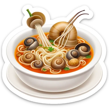 Liuzhou Snail Rice Noodles spicy soup with river snails, simplified emoji style with bold outlines and bright colors, cartoon style Guangxi specialty food sticker
