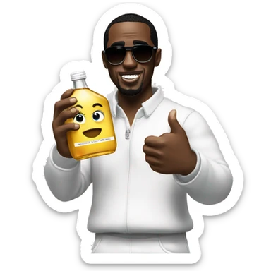 p.diddy holding 2 bottles of clear oil sticker