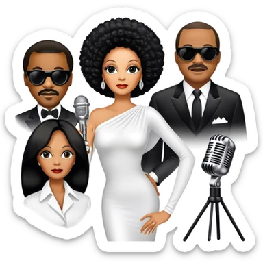 Icon for R&B Music: collage of legendary R&B artists—Diana Ross, Stevie Wonder, Marvin Gaye, Janet Jackson, Billy Ocean, and Whitney Houston. Represented by silhouettes or symbolic items like a microphone, guitar, or music notes. Transparent background. sticker