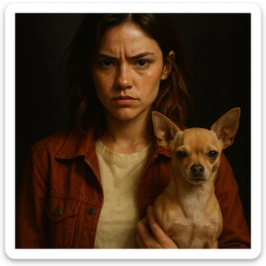 portrait in Netflix series style, woman with tanned skin, freckles, pale shirt color #FFF8CA, rust jacket, medium-length brown hair with auburn highlights, rebellious expression, beige-brown chihuahua, dark background, series poster style sticker