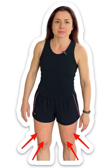 Donna con cellulite sulle cosce indica le cosce che sono infiammate di cellulite con frecce ad indicare  senza mano alzata come in foto. sticker