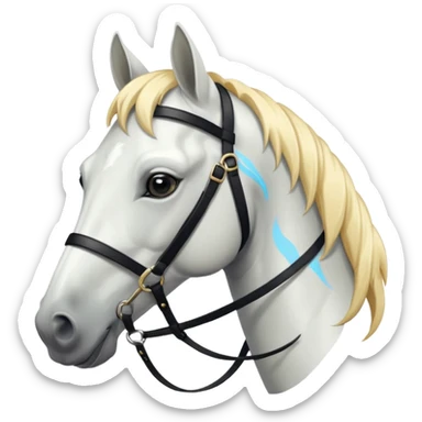 This is a cartoon-style image of a white horse with a light blond mane, wearing a black bridle, and shown in profile with a calm expression. sticker