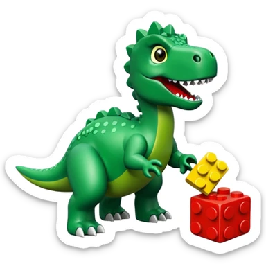 A green dinosaur playing with LEGO sticker