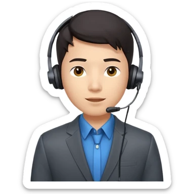 A young Asian man with smooth light skin, dark hair that swoops upward in the front, expressive eyes, a clean-shaven face, and a call-center style headset over one ear, usually paired with a crisp shirt and suit jacket visible from the chest up. sticker