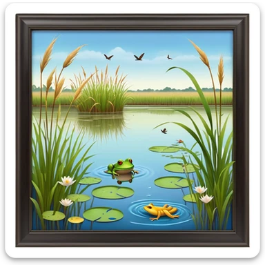 Cinematic Realistic Wetlands Emoji in a wooden frame, Peaceful and serene, with tall grasses swaying in the breeze and soft, muddy waters reflecting the sky above. Small birds and insects flit among the reeds while lily pads float lazily across the surface, punctuated by the occasional croak of a frog or splash of a fish. Soft glowing outline, capturing the essence of a calm, tranquil wetland brimming with life and natural beauty. sticker
