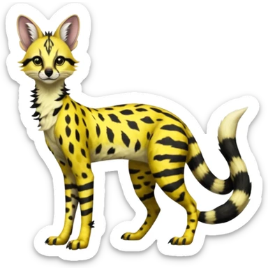 Edgy cool beautiful elegant spotted hype-realistic, black-maned, vibrant yellow Genet-Serval-Sergal-Margay-Fox-fusion-hybrid-furry-fursona, tall long body, long muzzle snout, full body, with a long puffy fluffy black-and-white-striped tail, black long big ears, with natural blue eyes sticker