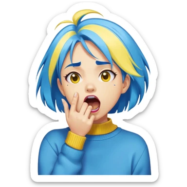 Create a small, circular emoji version of this sticker: a stylized cartoon girl with bright blue hair and a yellow sweater clutching her throat, mouth open in a dramatic gasp. Simplify the lines and shading for emoji clarity, preserve the bold color palette, and keep the exaggerated expression. sticker