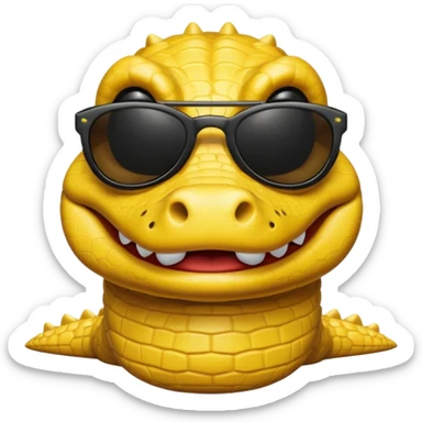 Cocodrilo feliz con boca cerrada mirando de frente que tengan lentes negros y sea color amarillo con fondo blanco sticker
