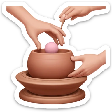 one hand pressing down on a pink ball of clay above an empty pottery wheel, with the clay not touching the wheel surface, hovering slightly above it sticker