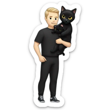 white man with black hair wearing tracksuit holding a black cat like a baby in arms sticker