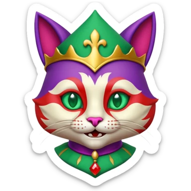 crazy colorful cute little cat jolly joker from poker, medieval, vintage, court jester, mac os icon, purple, gold and red color, half body, emerald green ice eyes. Squared shape as 3D mac os icon, symmetrical sticker