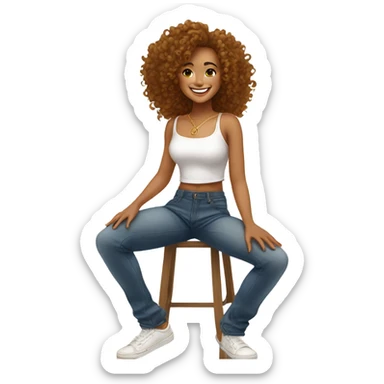 Woman with caramel coloured skin, curly hair, gold hoop earrings, white crop top, low waisted baggy jeans, smile sticker