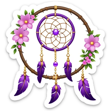 A white-framed Dreamcatcher. with purple-round-orbs, gold-rings hanging down. purple flowers, pink sakura flowers, sticker