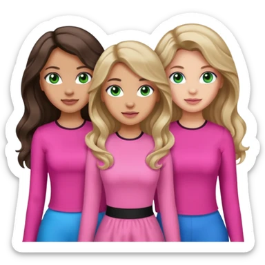 Three women, green eyed light skin with dark blonde long hair and Brown eyed light skin black long wavy hair and blue eyed light skin long blonde hair wearing cute pink outfits sticker