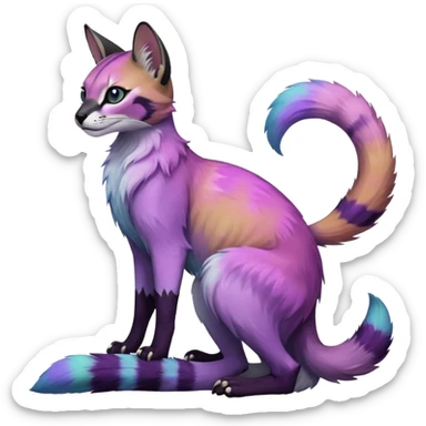 Colorful black-violet-indigo-purple-gradients nebulae nebula starry galactical shiny tropical pale light fruity pastel white glorious iridescent divine exotic cute cool beautiful realistic antasy-caracal-civet-genet-sergal-vernid-Cacomistle-Trico-oncilla-animal-Fakémon-hybrid-fursona (full body) sticker
