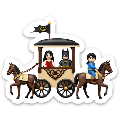  Ultra cute  Lego detailed 1854 Batman and pretty dark-haired Catgirl driving a horse drawn family-size Caravan alone together on a romantic trail in the woods  sticker