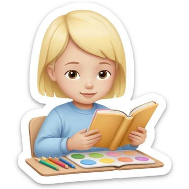 Flat illustration emoji of a small child sitting and reading a book with colored pencils or paint palette nearby, happy and peaceful expression, soft pastel colors (yellow, light blue, soft pink), rounded shapes, minimal details, child-friendly, warm and gentle style sticker