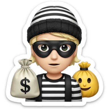 a short ios emoji-style portrait of a classic burglar, a black eye mask and a black-and-white striped shirt. emoji-like hair, black winter-like hat, a bag of money 💰 with a dollar sign in a right corner, evil expression WITHOUT a hand  sticker