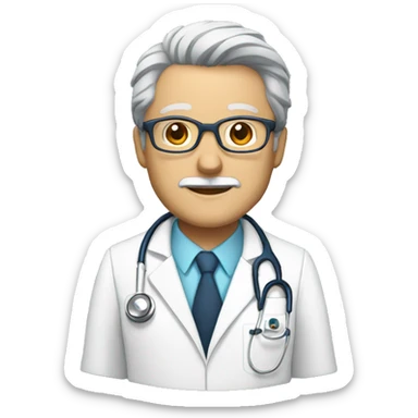 doctor with glasses, gray hair and beard with white coat and stethoscope sticker
