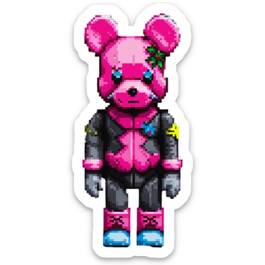 Pixel art KAWS Bearbrick figure with X eyes wearing a hot pink balaclava, blocky bear shape sticker
