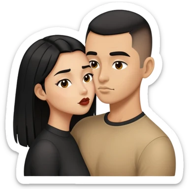 1 Tan girl with long black hair kissing same skintone man with evenly buzzcut black hair sticker