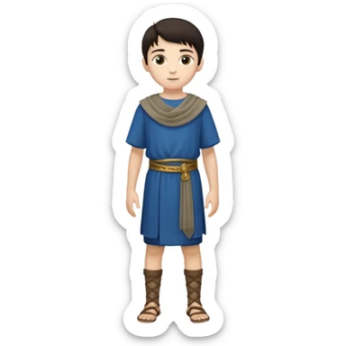 Niño: niño entre ⅞ años y 10/14 años, delgado, blanco de piel, moreno, ojos ni muy claros ni muy oscuros, bueno y simpático. cuerpo entero, época púnica sticker