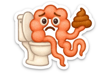 emoji stile iphone di un intestino che esce dal wc con in mano una montagnetta di feci con espressione triste a palline sticker