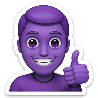 purple guy, black sclera, white pupils, grin, thumbs-up sticker