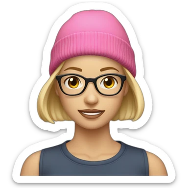 30 year old white woman short straight blond hair with a beanie on her heard and glasses sticker