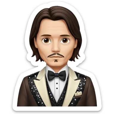 Johnny Depp with long dark brown hair hair, ivory sequin suit with bow tie sticker