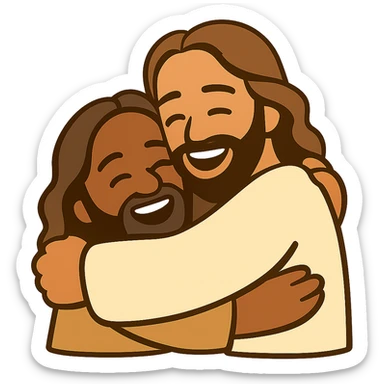 Edit the image of Jesus hugging a person in a basic emoji style with flat colors and no gradients. Both characters should be smiling. The background should be transparent. The style should resemble simple emoji art with flat colors and simple faces. sticker