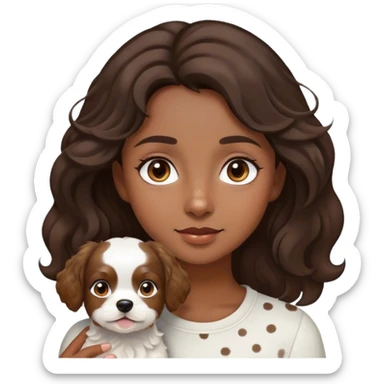iPhone style emoji of a girl with wavy dark brown hair and eyes with a small white dog with light brown ears and spots sticker
