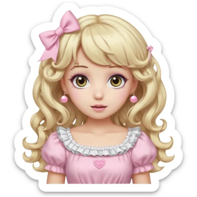pale girl, swirled blonde and baby pink curly hair, bangs, grey eyes, doll-like makeup, light pink hime gyaru dress, emoji style sticker