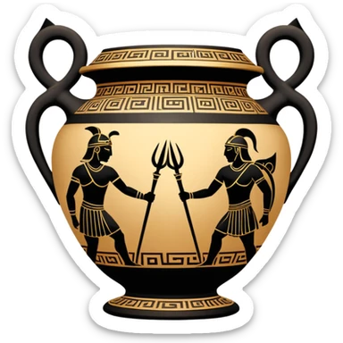 Cinematic-realistic Grecian urn, an exquisite black-figure pottery masterpiece resting in the dim glow of an ancient temple. Intricate golden depictions of two warrior fighting with spears and warriors encircle its curved form, telling timeless myths of heroism and tragedy.  sticker