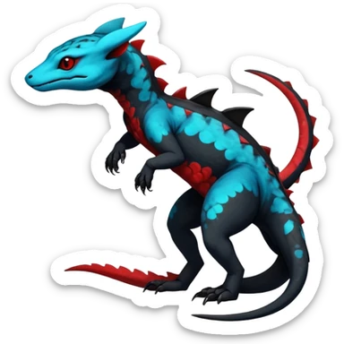 Rare realistic exotic edgy dark gothic gloomy spooky black and red/blue/cyan epic pretty beautiful handsome gorgeous aesthetic colorful vibrant Vernid-Trico-species-Fakemon-Salandit-hybrid-creature by LiLaiRa, 4 legs, 1 tail, random markings, (full body) sticker