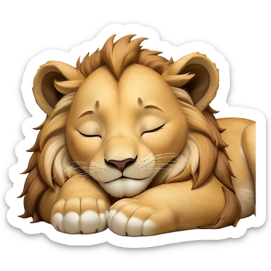 Meme-Worthy Cute Sleeping Lion Cub Portrait Emoji, Head resting peacefully with a contented smile, showcasing a robust build and a luxuriously soft tawny Fur with a flowing mane, eyes shut in a serene, restful nap, Simplified yet hilariously adorable features, highly detailed, glowing with a soft, drowsy light, high shine, relaxed and utterly lovable, stylized with an air of playful laziness, bright and heartwarming, soft glowing outline, capturing the essence of a comically sleepy Lion Cub, so meme-worthy it feels like it could instantly become the next viral sensation of adorable slumber! sticker