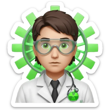 nuclear scientist portrait, head and shoulders only, wearing lab coat collar, protective goggles, glowing green radiation symbol badge, serious expression, sci-fi laboratory vibe, 3D cartoon, mobile game icon style, clean background, no text, no watermark
 sticker