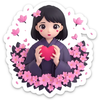goth sakura heart, black heart with sakura petals falling, dramatic and soft sticker