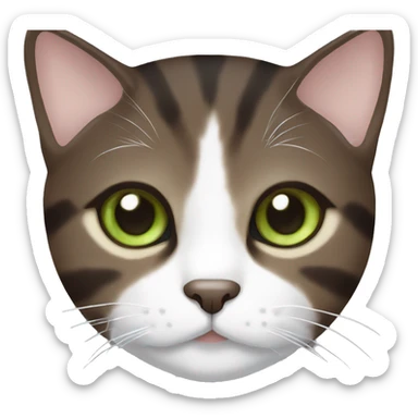 Dark brown tabby cat with brown-green eyes and white neck sticker