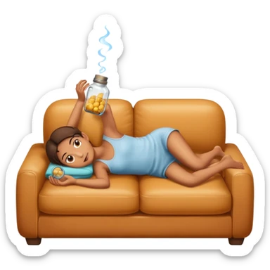 Make me an emoji of a person lying on a couch with small glass jars stacked on their back. sticker