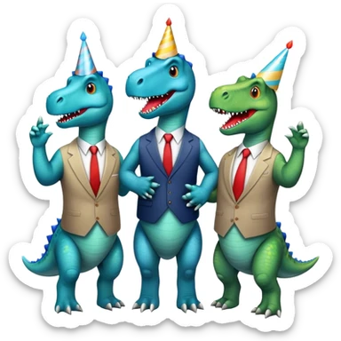 three office dinosaurs in office suits celebrating birthday sticker