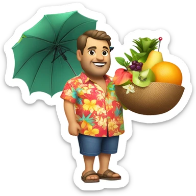 Fat guy standing in hawai shirt and fancy drink sticker
