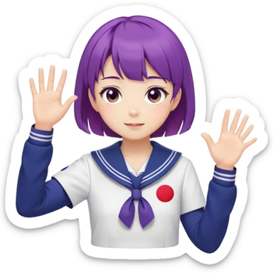 Anime girl with short bright purple hair wearing Japanese sailor style school uniform, composed posture with hand on hip but shyly waving with other hand, blushing face and timid smile sticker